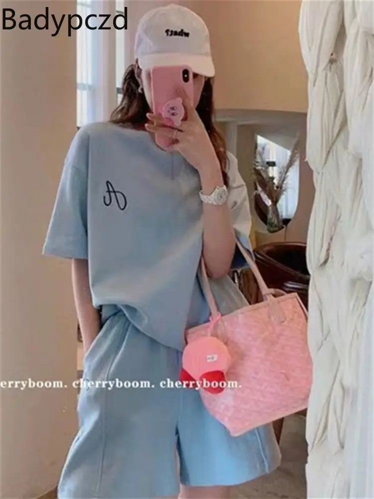 

Badypczd Gym Wear Suits Korean Version Sports Suit Women's Summer Loose Fashion Short-sleeved Shorts Two-piece Running Clothing