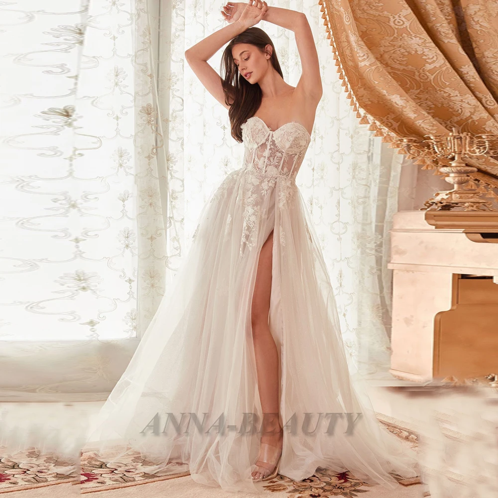 

Anna Sweetheart Princess Wedding Gown High Slit Tulle Appliques Zipper Illusion Sleeveless Court Train Robe De Soirée De Mariage