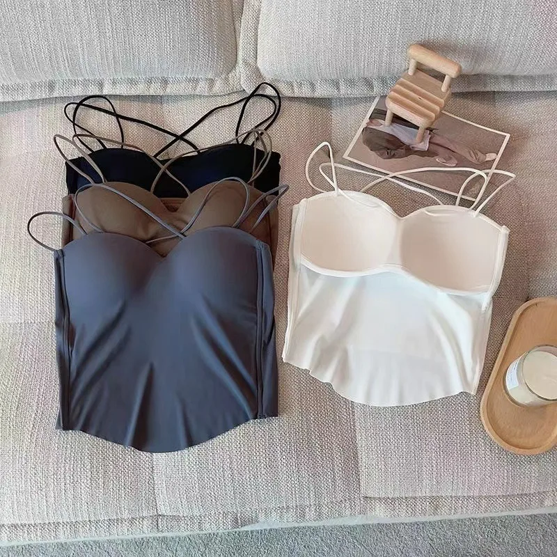 

2023 New Ice Silk Solid Color Versatile Camisole Women's Summer Wear Comfortable and Inside Beautiful Strap Chest Pad Bottom Top