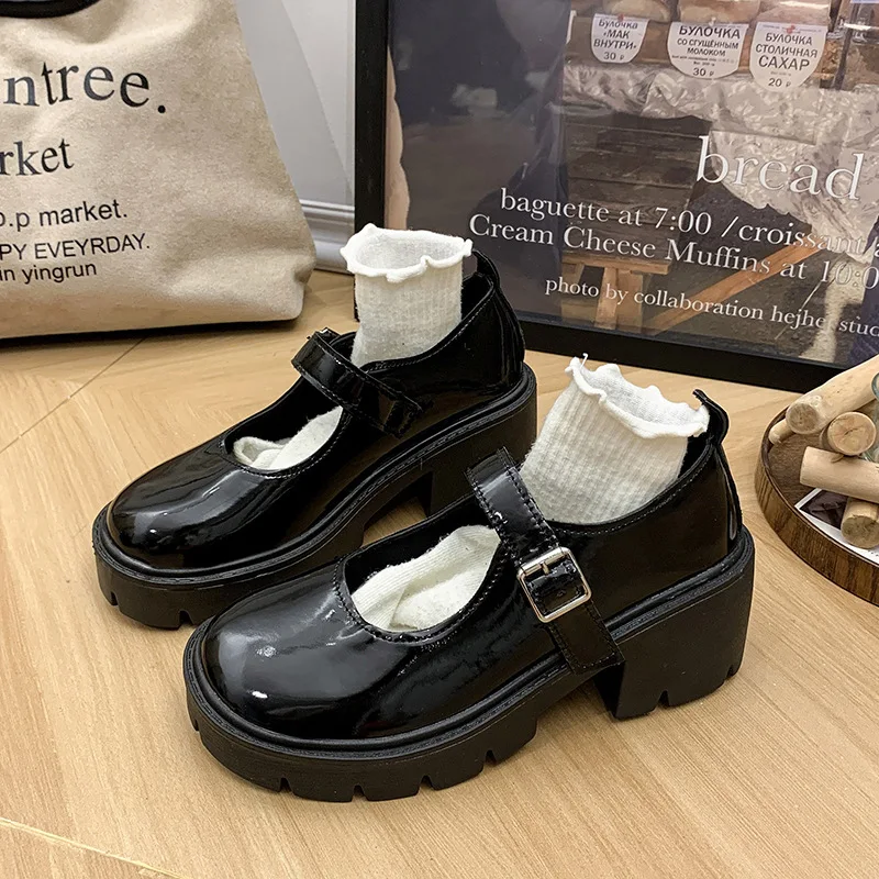 

Spring Autumn New Designer Mary Janes Shoes for Women Fashion Casual Black PU Leather Platform Shoes Female Pumps