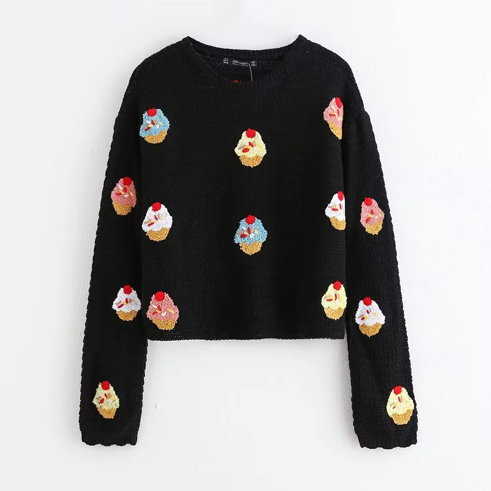 

DiYiG Women 2022 New Fashion Sweater Cake Embroidery Long Sleeve Loose Ladies Knitted Pullover O-Neck Knitwear Autumn Female Top