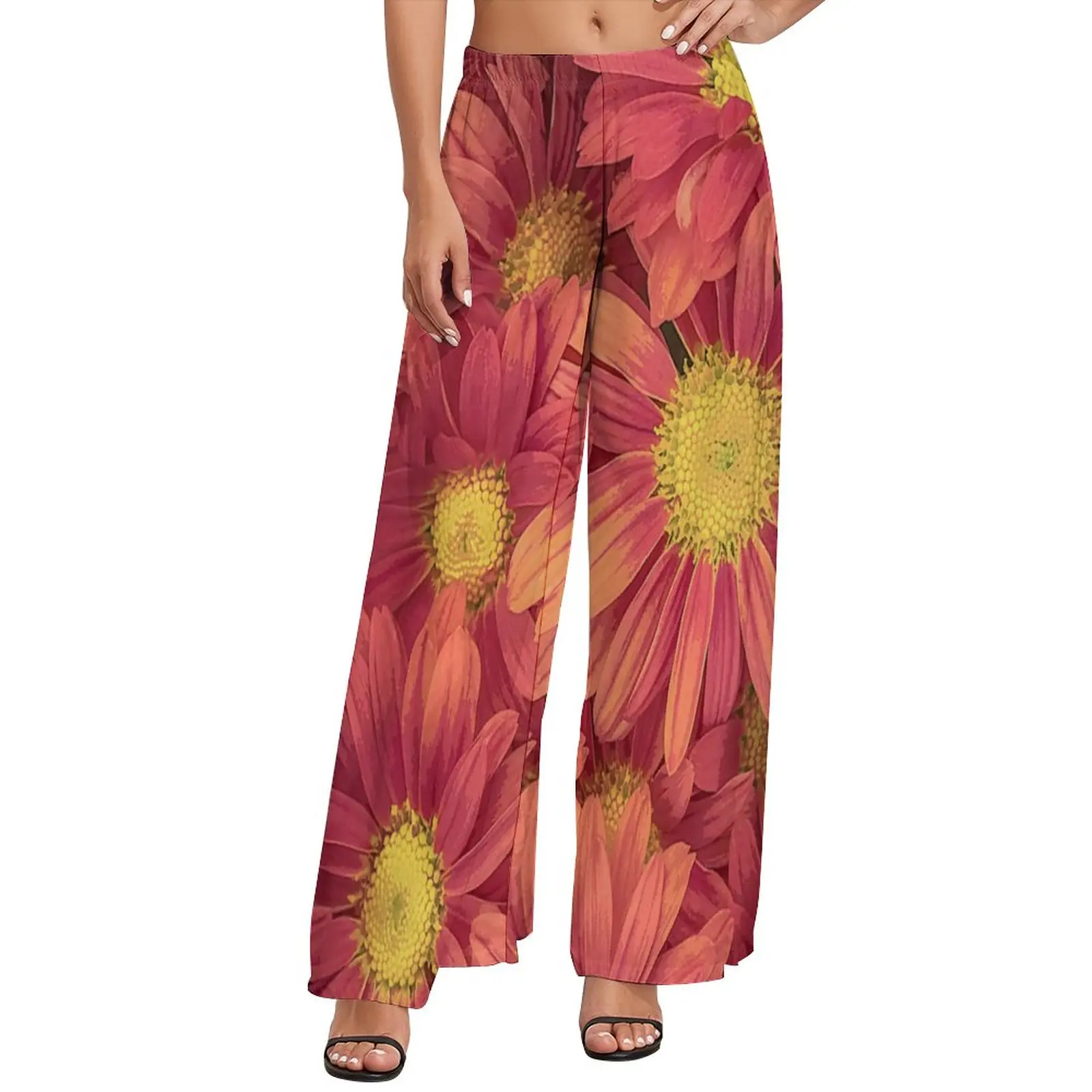 

Pink Sunflower Pants Female Elegant Flower Print Harajuku Trousers Elastic High Waist Casual Wide Pants Birthday Present