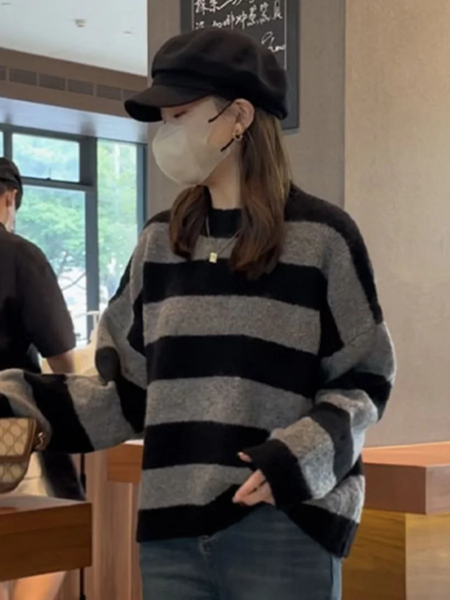 Пуловер в полоску с круглым вырезом женский осенне-зимний свитер европейском