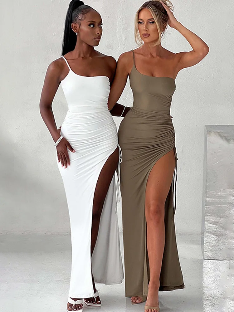 

Summer Women One Shoulder Skinny Camisole Dress Sexy Backless Sleeveless Drawstring Folds High Split Long Bodycon Dress