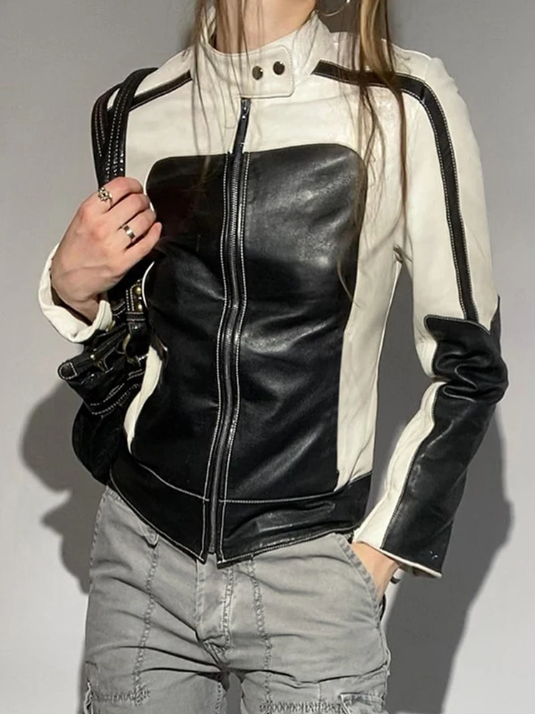SUCHCUTE Motorcycle Black White Contrast Print Leather Jackets Women Moto & Biker Zip Up Slim PU Bomber Jacket Racing Outwears