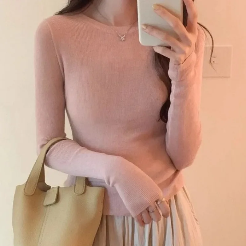 Y2K Женский Тонкий Хлопковый Однотонный Пуловер С Круглым Вырезом Винтажная