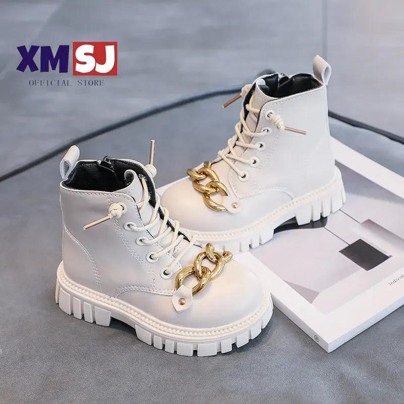

2023 Autumn New Korean Solid Metal Decoration Tide Boots for Kids Fashion Winter Boots for Girl Children Low Heels Short Boots