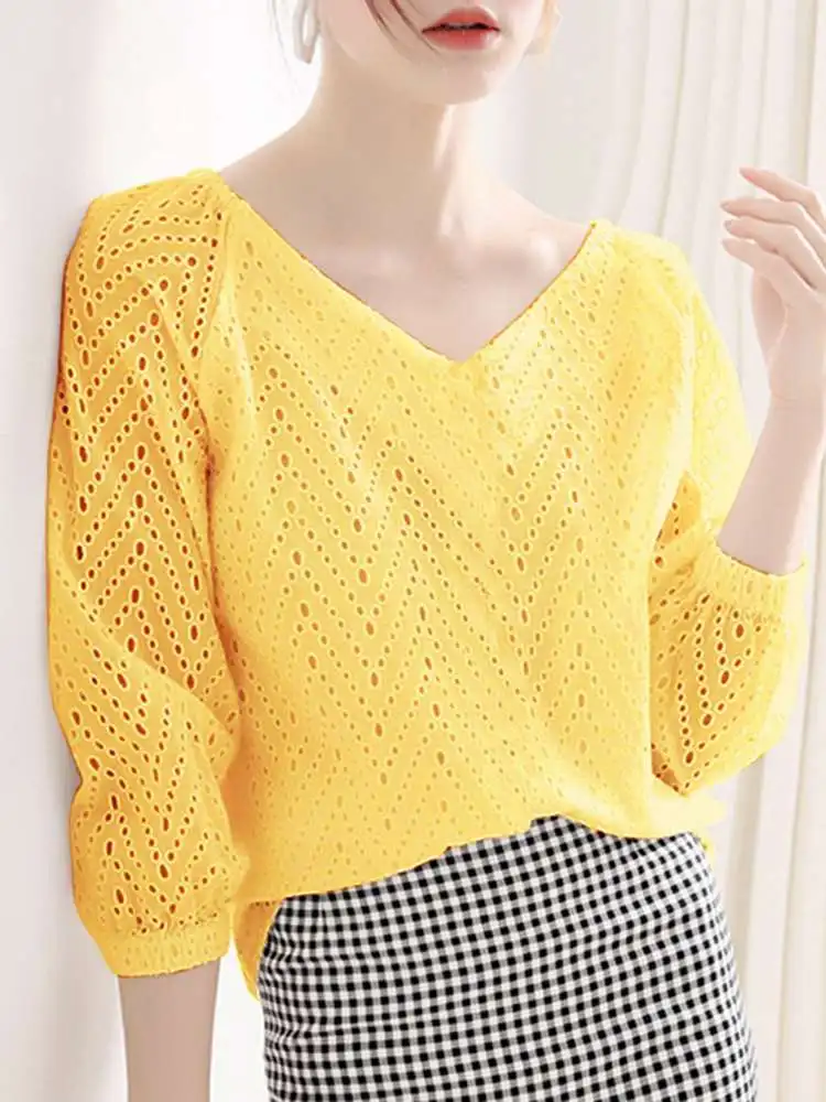 

Fashion Shirts 2023 VONDA Women Casual V-neck Long Sleeved Lace Blouse Elegant Solid Color Party Shirts Oversized Beach Vestidos