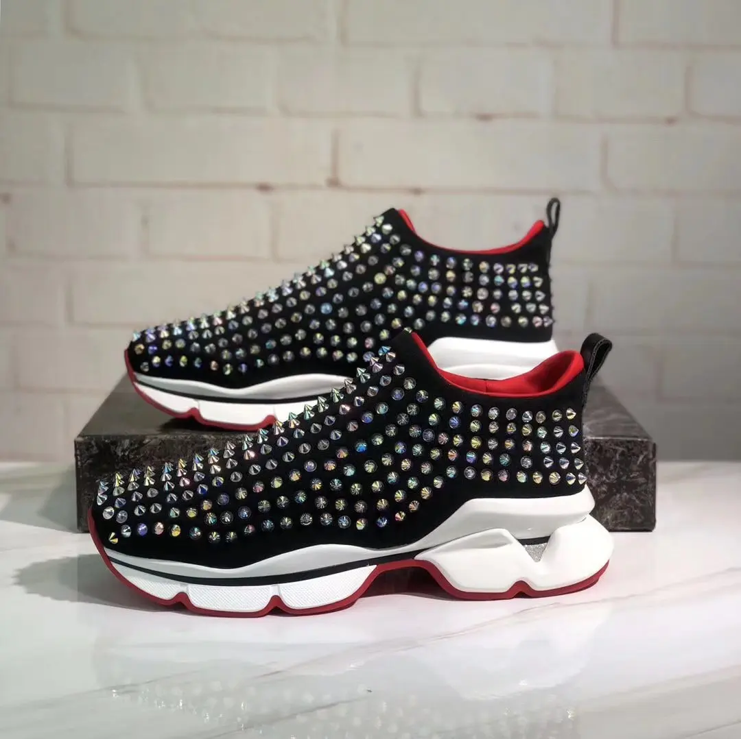 

Brand Real Leather Red Soled Men's Women's Rhinestone Rivets Shoes Flats Casual Sneakers Designer Unisex