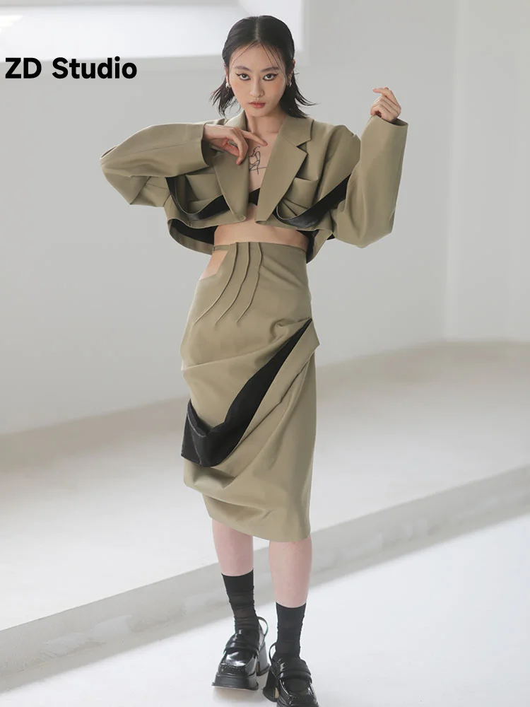 

[ZD Studio] Women Khaki Yellow Pleated Size Blazer New Lapel Long Sleeve Loose Fit Jacket Tide Spring Autumn 2023