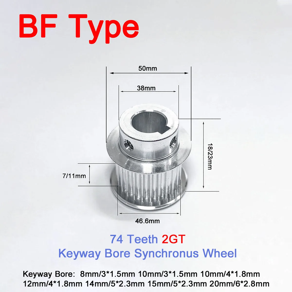 

1Pc 74 Teeth 2GT GT2 Timing Pulley BF Type Bore 8/10/12/14/15/20mm Keyway Synchronous Wheel Width 7/11mm Aluminium Idler Pulley