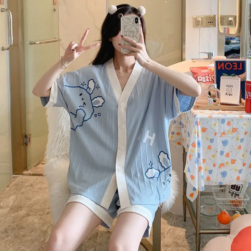 Women's Pajamas Summer Suit Cotton Short Sleeved Sleepwear Cute Cool Cardigan Pyjamas Plus Size 2 Piece Set Nightwear Homewear