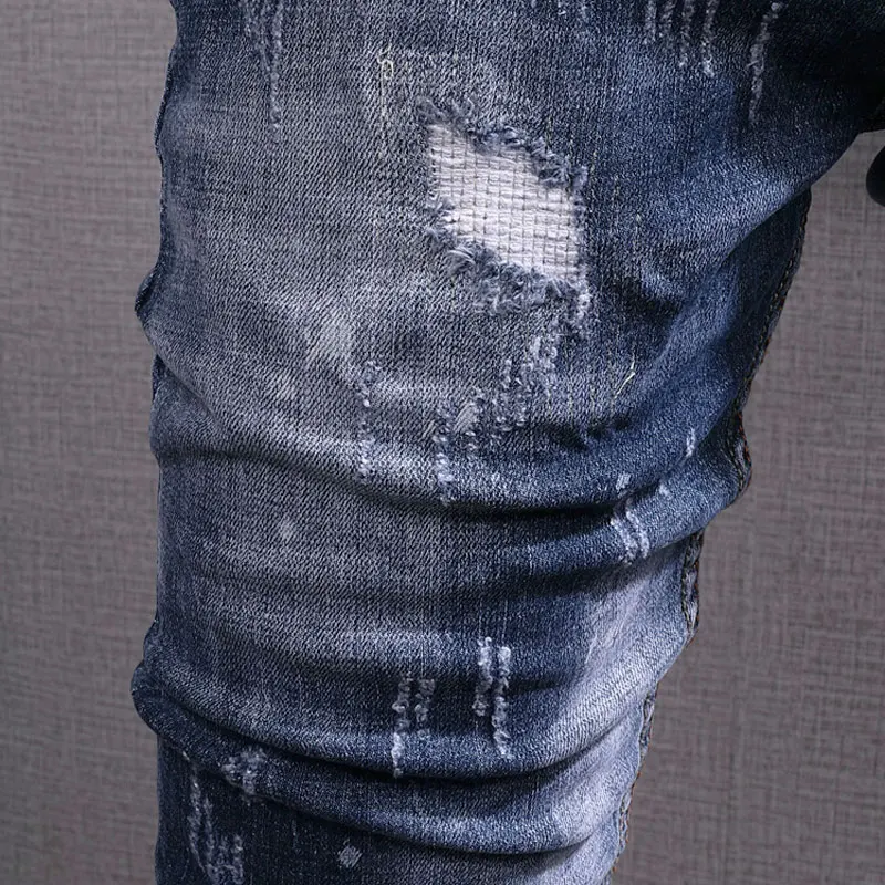 Streetwear Fashion Men Jeans Retro Blue Stretch Slim Fit Printed Designer Ripped Jeans Men Vintage Patched Hip Hop Pants Hombre