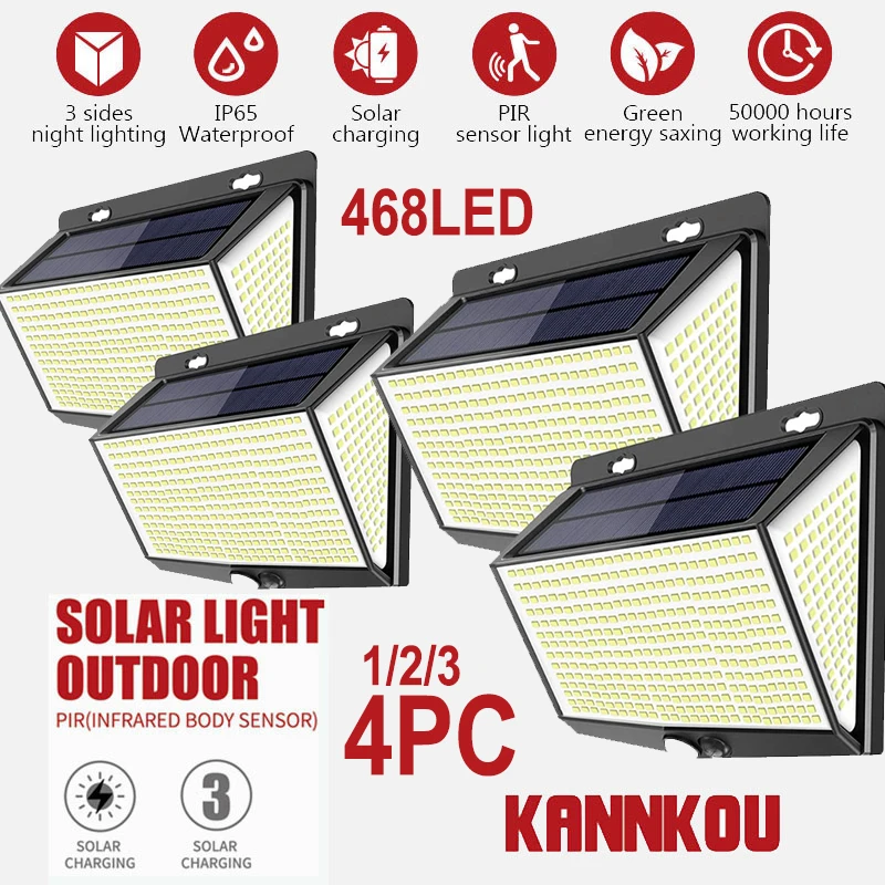 

KANNKOU Солнечный свет s Открытый 4PC 468 светодиодный PIR датчик движения IP65 водонепроницаемый наружный светодиодный настенный светильник