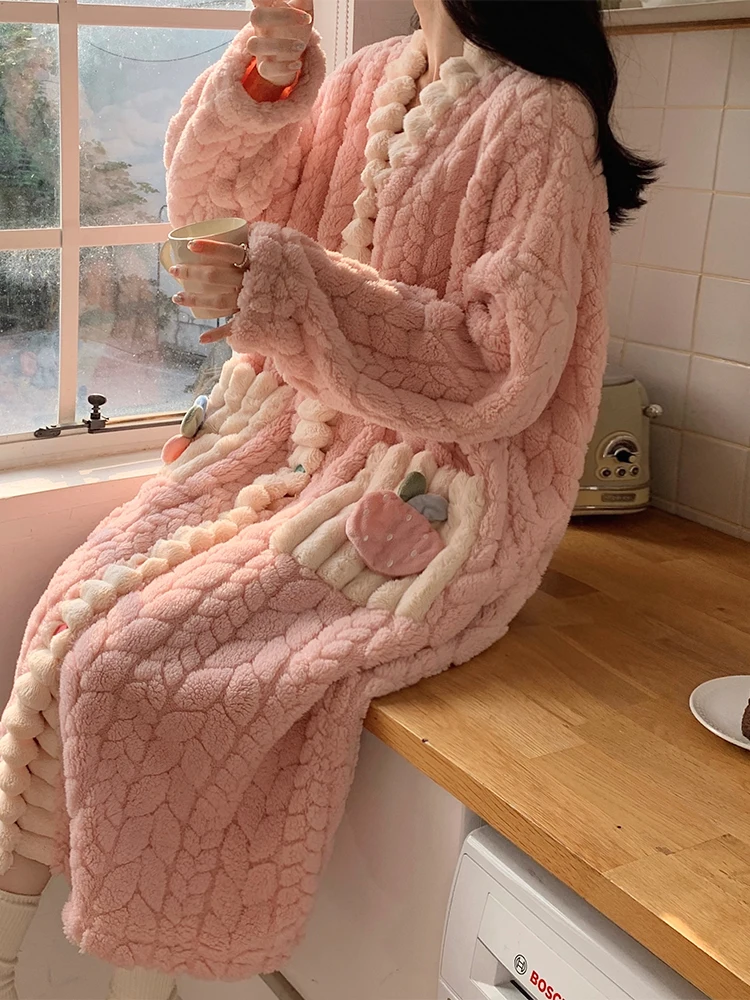 Coral Fleece Nightgown for Women Autumn and Winter Fleece-lined Thickened Flannel Japan fashion Bathrobe Materni Paj...