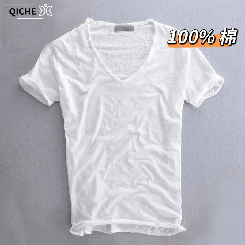 Фото Мужская футболка QICHE из хлопка с эффектом слуб, с V-образным вырезом, коротким рукавом, однотонная, облегающая, с необработанным краем, винтажная, тонкая, летняя. №1