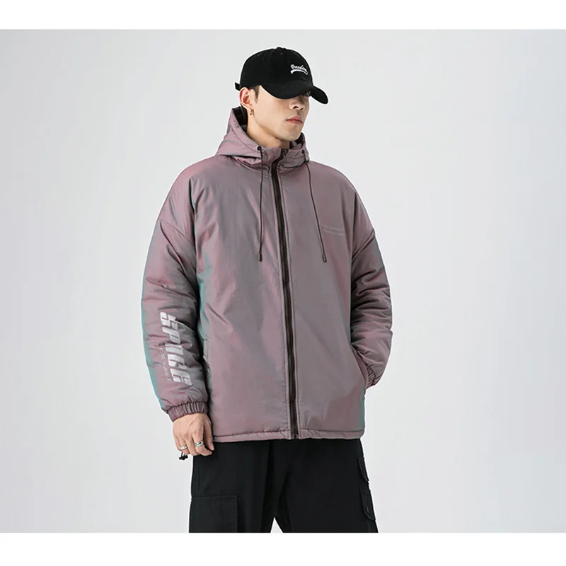Men's Wear 2022 New Style Blue Reflective Hooded Cotton-padded Clothes Recreational Loose Comfortable Outerwear Winter Female