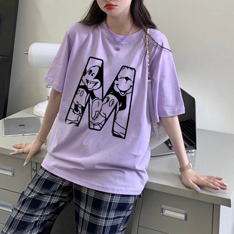 

Disney Mickey Mouse New Funny Print Women White And Black Shirts Fashion Round Neck Short Sleeve T-Shirt Summer Tees Casual Top