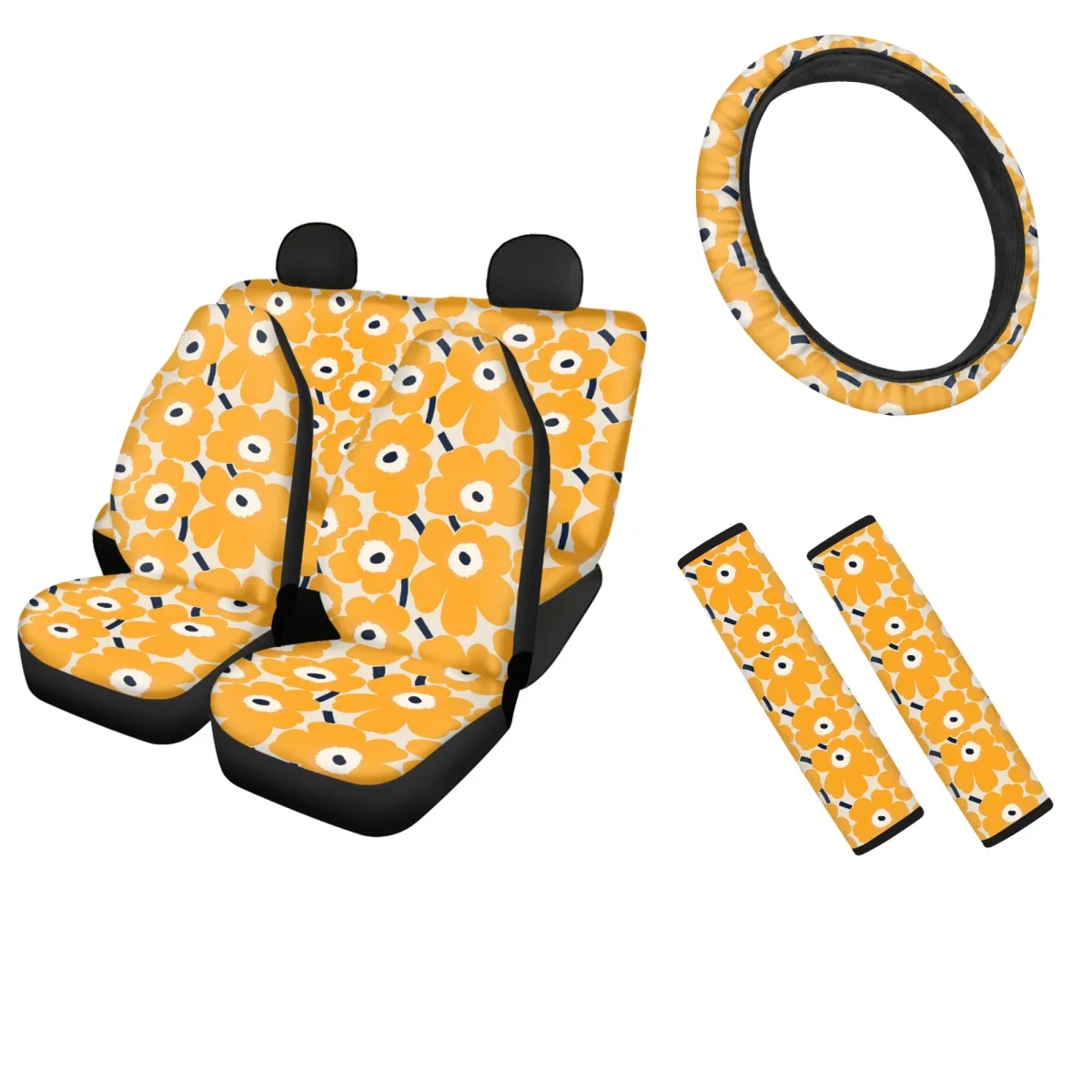 

Car Interior Seat Cover Full Sets Yellow Bouquet Steering Wheel Cover of Elastic Comfortable Auto Seat Belt Shoulder Strap Cover