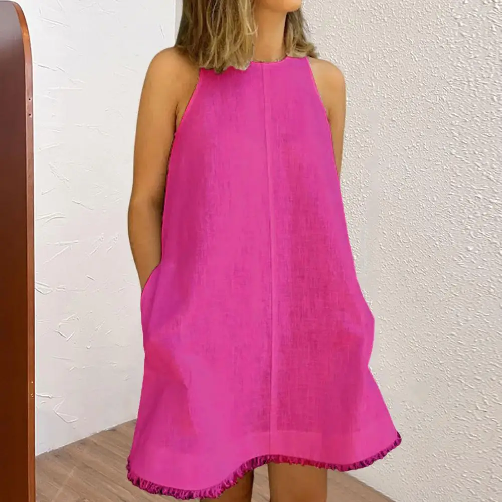 

Chic Women Summer Dress Loose Mini Dress Solid Color Pure Color Mini Dress Dress-up