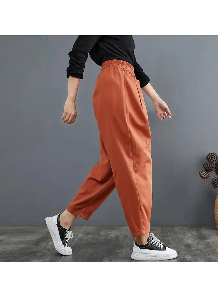 

New 2022 Spring Autumn Women Retro Cotton Literary Artistic Pleated Harem Pants Casual Elastic Waist Wide Leg Harlan Pant M146