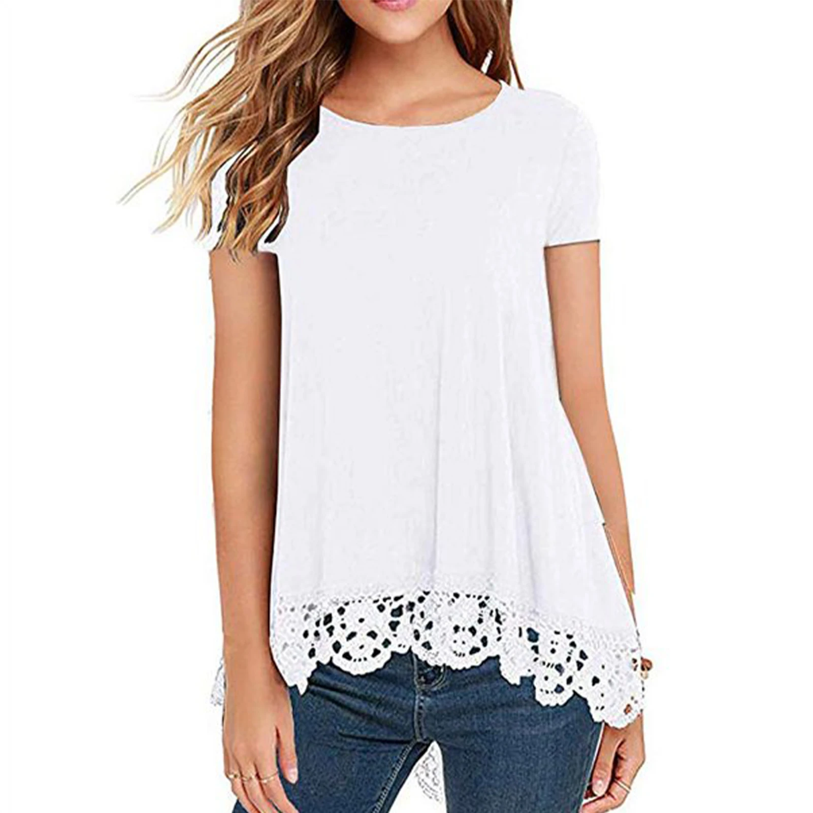 

With Lace Trim Soft Casual Beach Vacation A Line Women T Shirt Tops Round Neck Sweat Absorption Daily Loose Solid Comfortable