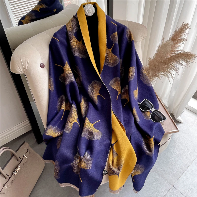 Women Scarf Cashmere Print Leaf Thick Warm Blanket Autumn Winter Pashmina Doubel-sided Tassel Soft Shawl Wrap Bufanda Echarpe