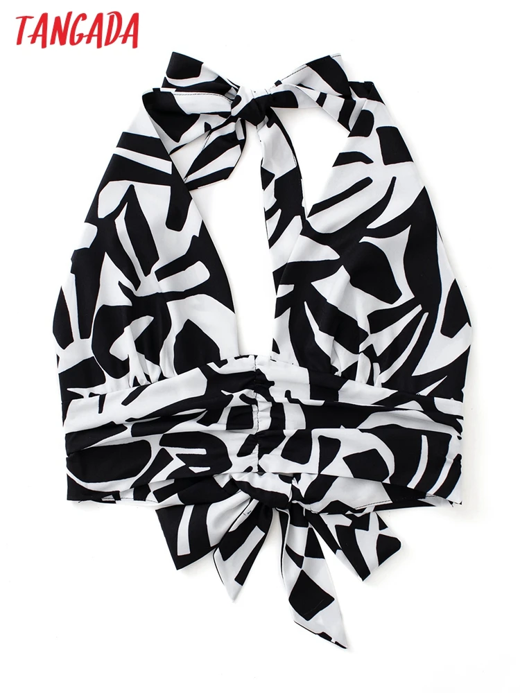 

Tangada women print bralette camis crop top spaghetti strap sleeveless backless short shirts female JE311