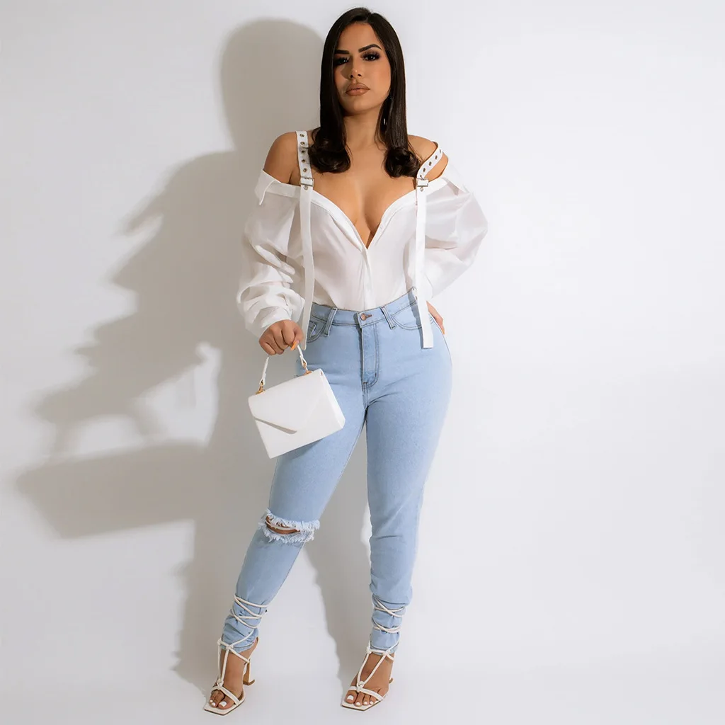 Women Chiffon Blouses 2022 Summer Simple Fashion Style Solid Sexy Sling Long Sleeve Deep V neck Hollow Out Slim Shirt Streetwear