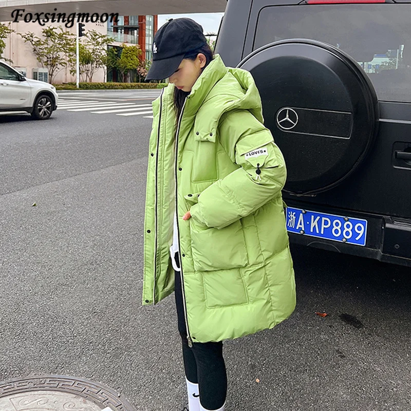 Женская пуховая парка средней длины зимняя теплая куртка-пуховик с капюшоном и