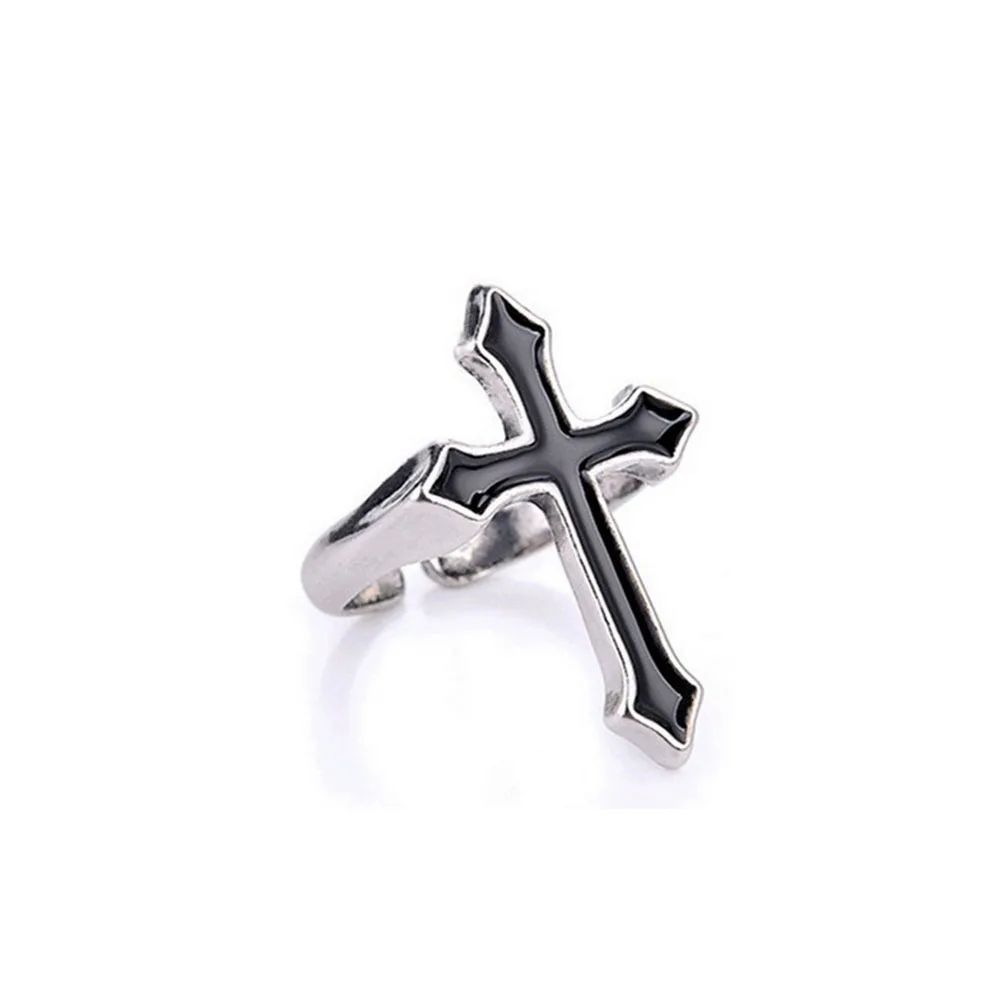 

Vintage Men Black Big Cross Open Ring For Women Party Jewelry Trendy Gothic Metal Color Finger Adjustable Ring Gift