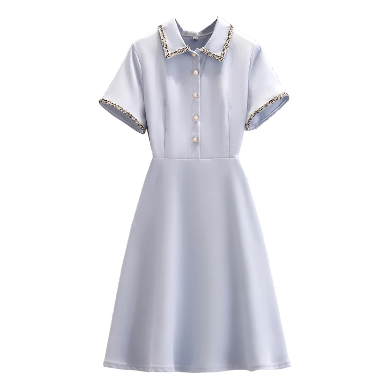 

Women Elegant T Shirt Dress Summer Short Sleeve Tweed Turn Down Collar Pearl Buttons Up A Line Dresses 2022 Chic Clothing