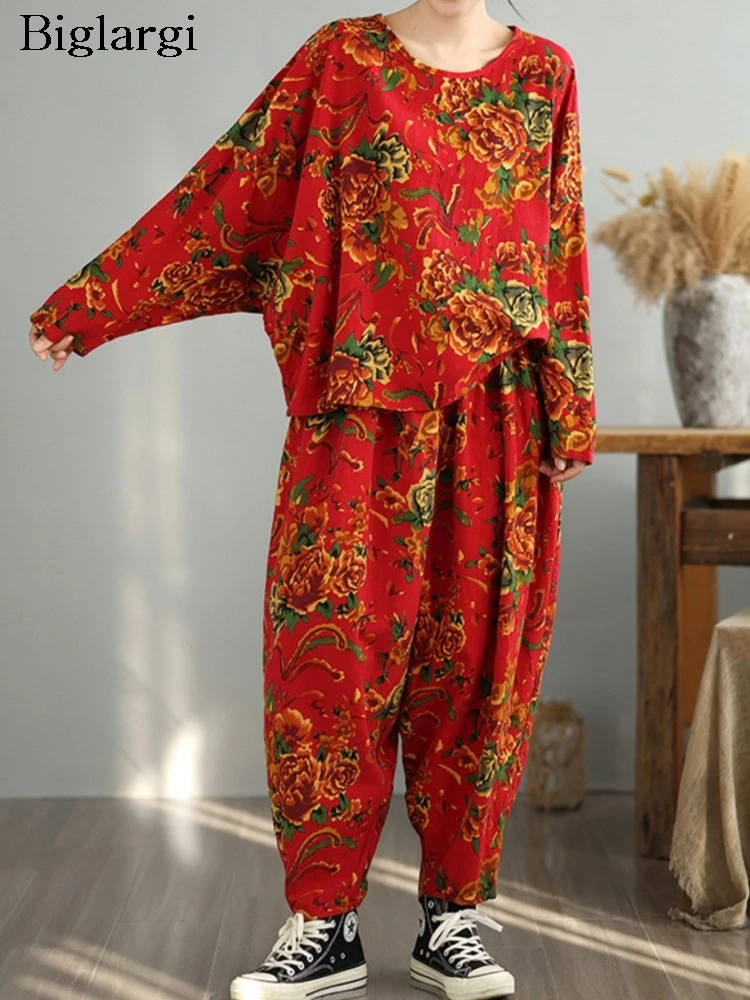 Женский костюм-двойка с цветочным принтом блузка длинным рукавом и Свободные