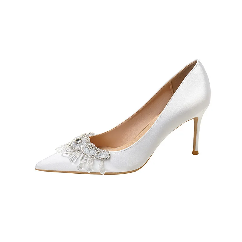 

Small Size 33-41 Elegant Tassel Rhinestone White Wedding Shoes Stilettos 2023 Spring Shallow Thin High Heels Pumps Women Party
