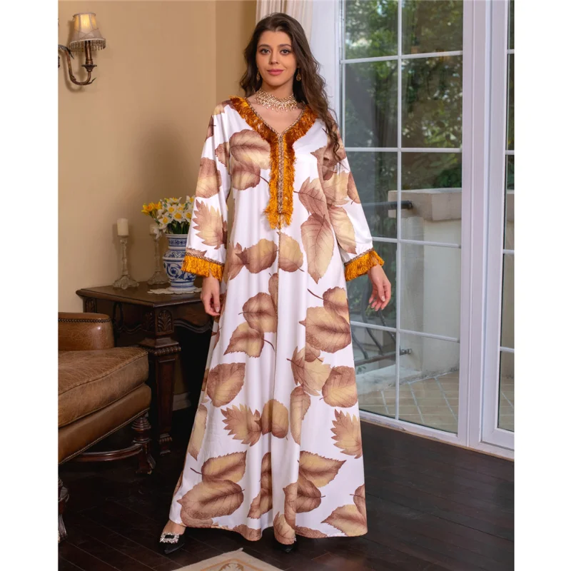 Abaya Leaf Printed Long Dress for Women Arabic Party Kaftan Braided Trimming Saudi Gulf Dubai Jalabiya Muslim Evening Dresses