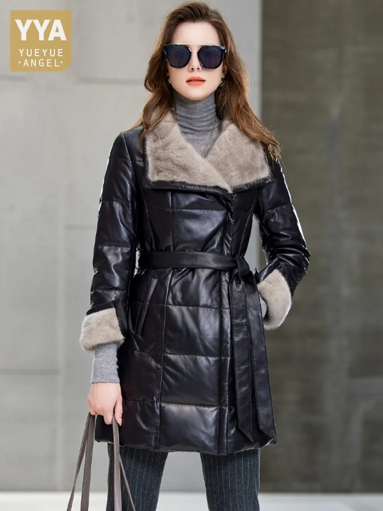 

Collar Elegant Ladies Mink Fur Mid Long Thick Warm Genuine Leather Down Jacket Women Belted Slim Fit Overcoat Office Work Coat