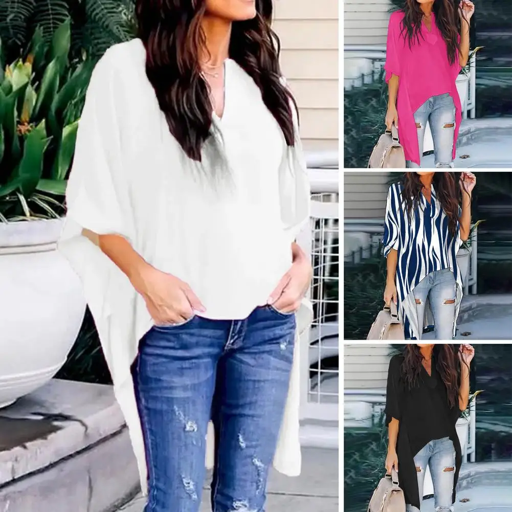 

Women Tops Loose Type Solid Color V Neck Batwing Sleeve Irregular Hem Summer Blouse Daily Clothes