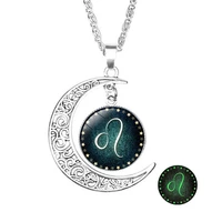 crescent moon pendant 12 constellation necklace for women men zodiac signs cabochon glass clavicle chain fashion jewelry gift