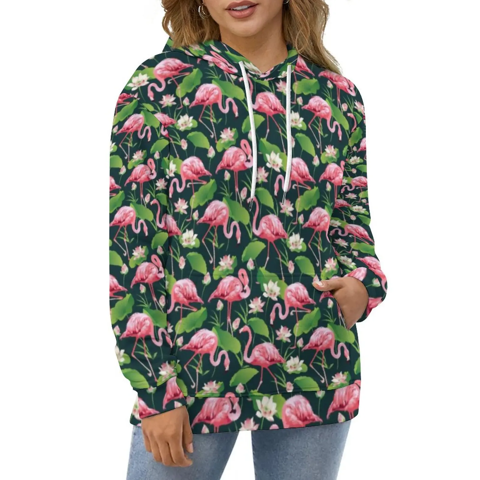 

Tropical Flamingo Birds Casual Hoodies White Lily Flowers Elegant Pattern Loose Hoodie Spring Long Sleeve Fashion Oversize Tops