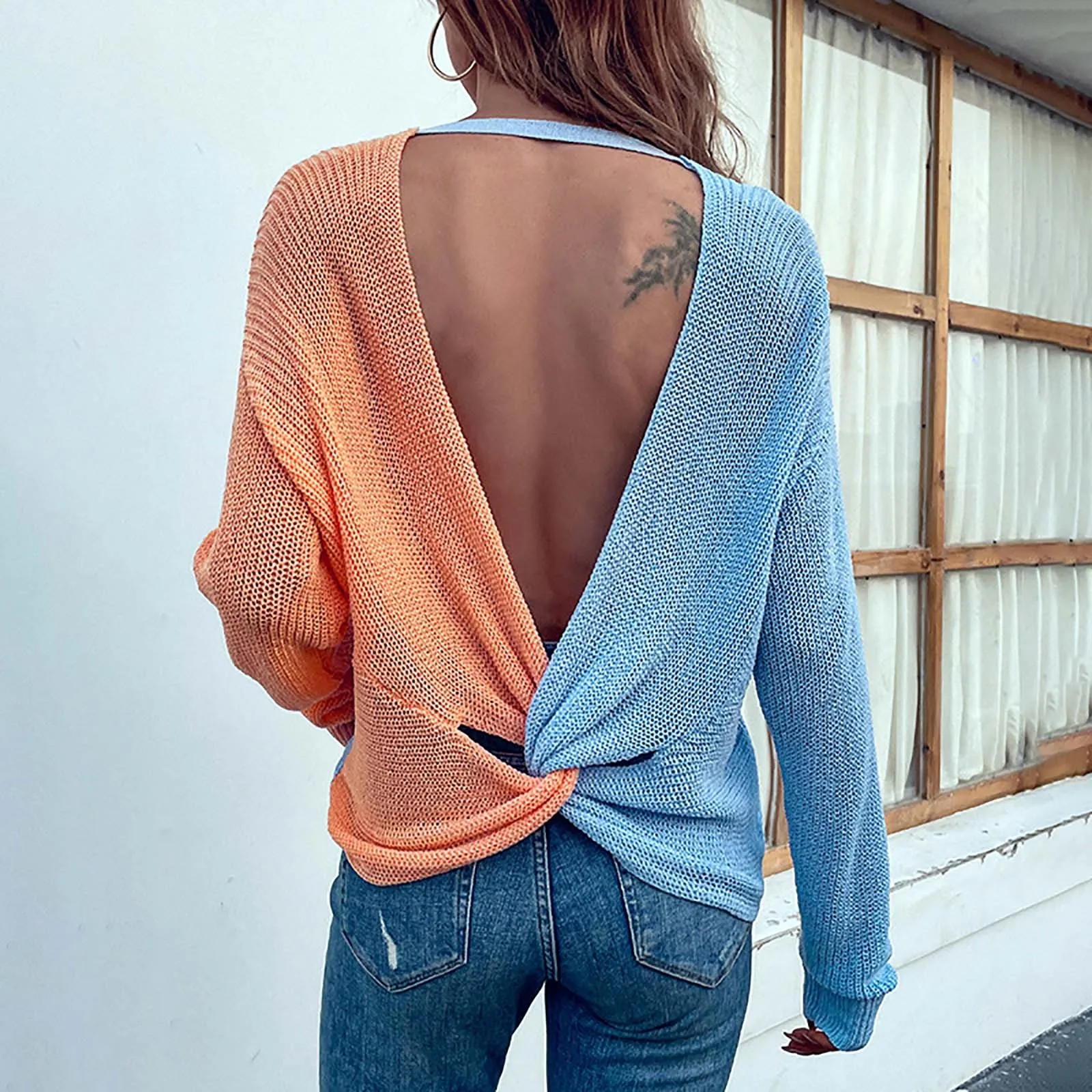 

Women Fashion Casual Knit Sweater Two Tone Backless V Neck Sexs Sweater Top Quarter Zip Sweater Pullover Winter Men Clothes