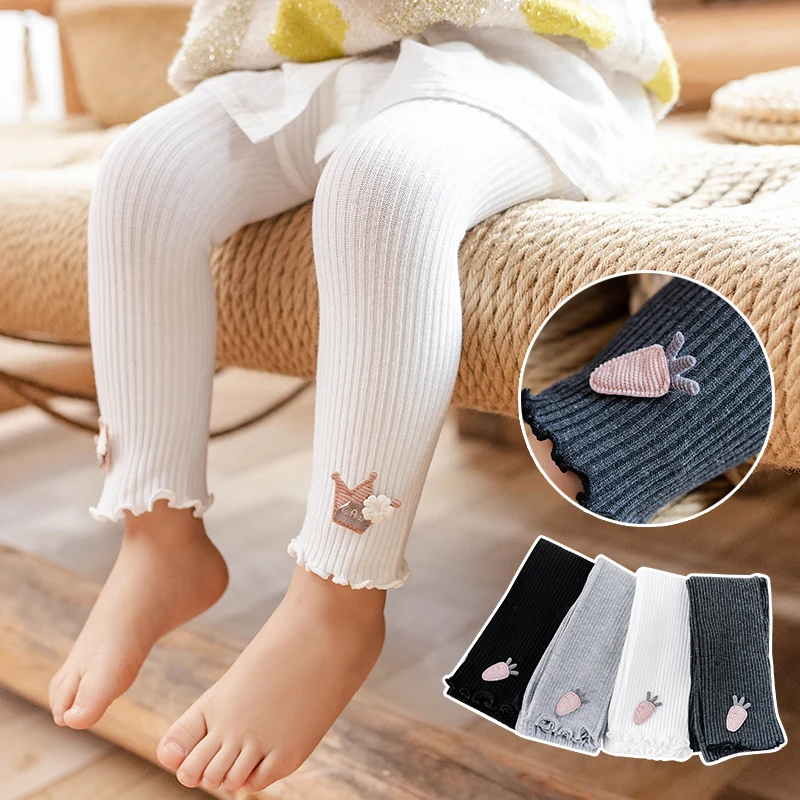 

Infant baby Girls spring autumn cotton stripe leggings 3D radish crown children nine-point pants cute Cartoon kids warm trousers