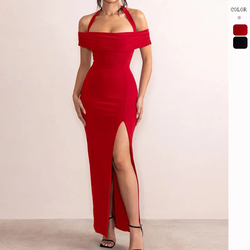 

2023 European and American Spring/Summer New Dress Sexy High Split Off One Line Neck Hanging Neck Style Long Dress