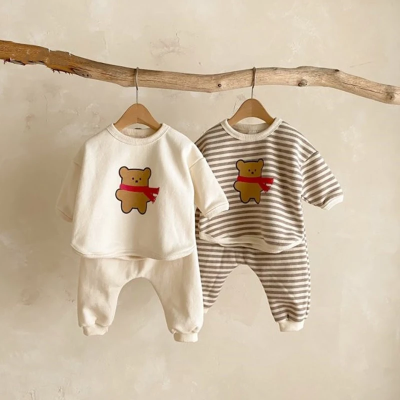 

2Pcs Spring Fashion Toddler Baby Boys Girl Fall Bear Stripe Clothes Baby Girl Clothing Kids Sports Sweatshirt Pants Outfits 0-5Y