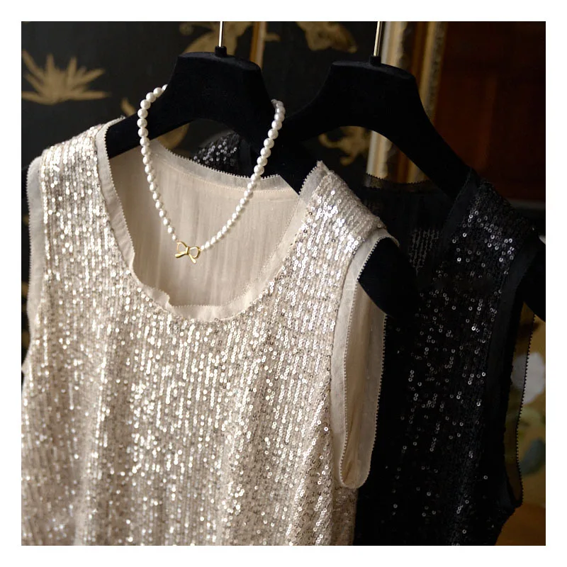 Женская Двухслойная футболка без рукавов с блестками