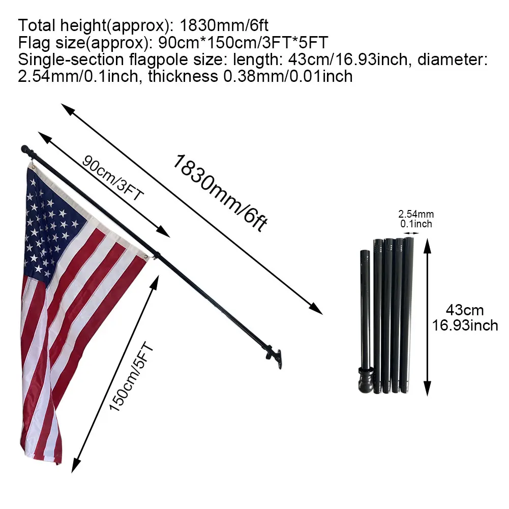 

6ft Flag Pole Kit American Garden With Wall Mounted Bracket Residential House Patio Rotatable Rustproof Yard Commercial School