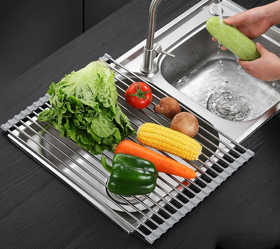 

Foldable Stainless Steel Dish Drainer Roll Up Dish Drying Rack Shelf Kitchen Sink Holder Organizer Bowl Tableware Plate Storage