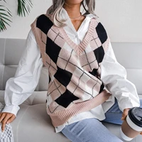 v neck vintage sweater tank top womens black sleeveless plaid knit sweater casual fall preppy style 2022 top new