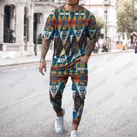 summer mens tracksuit ethnic print short sleeve t shirttrousers set casual stylish suit vintage bohemia outfit male clothing