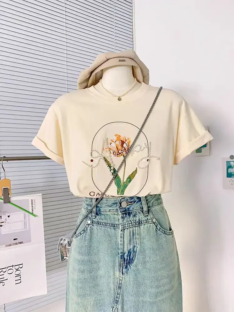 Новая летняя сверхпрочная футболка с жемчужным тюльпаном и круглым вырезом