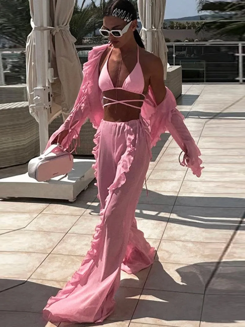 

Fashion 4 Pieces Set for Women 2023 Autumn Long Sleeve Bandage Cardigan Bra Panties and Long Pants female Suit Pink Streetwear